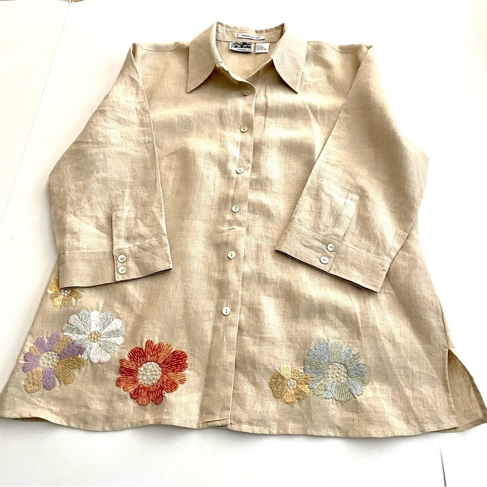 Tan Linen Button-down Top Sz Large Embroidered Floral Lagenlook Shirt Blouse - Picture 5 of 15